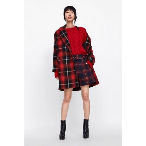 NWT ZARA Plaid Belted Shorts Size XS Red Blue - Picture 3 of 9
